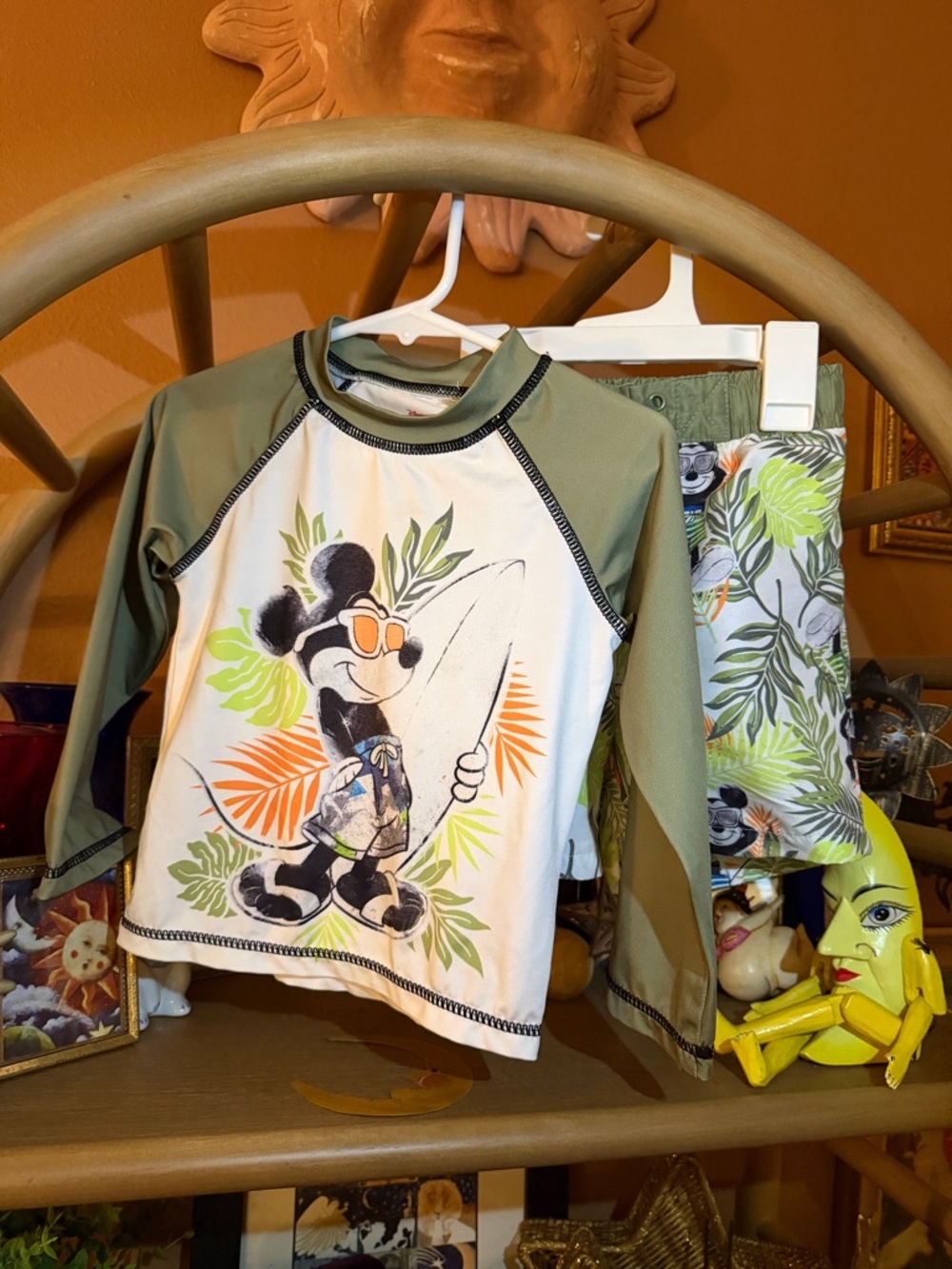 Kids Green & White Mickey Surf Rash Guard Set